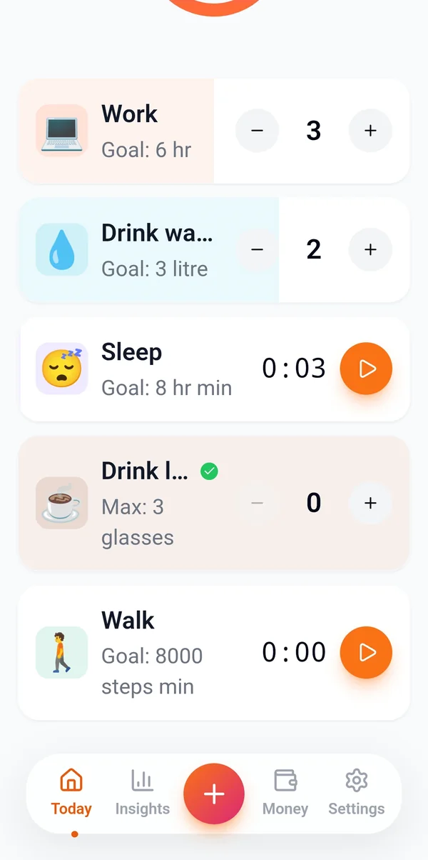 List of habits in HabiVox: Work as a count, Drink water in litres, Sleep and Walk with timers, and Drink less caffeine as a quit habit