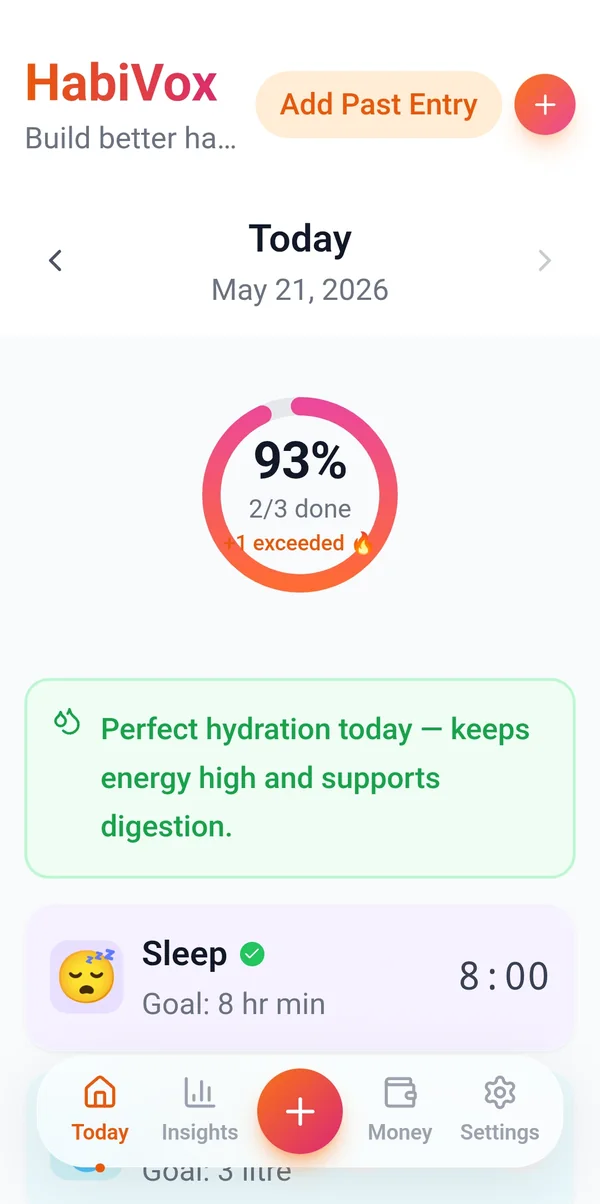 HabiVox Today screen showing 93 percent of habits done and a Sleep habit with an 8 hour goal